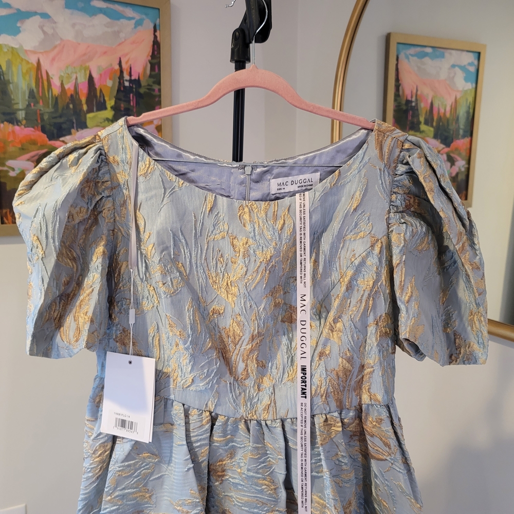 NWT MAC DUGGAL Puff Sleeve Brocade Gown Light Blue Hi Low Hem Size 14 - Picture 5 of 15